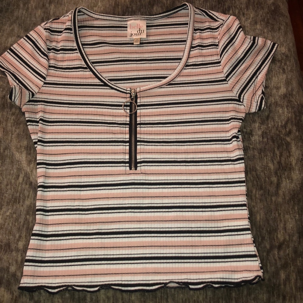 White, Pink, and Black Strip Top! W/ Chest Zipper.